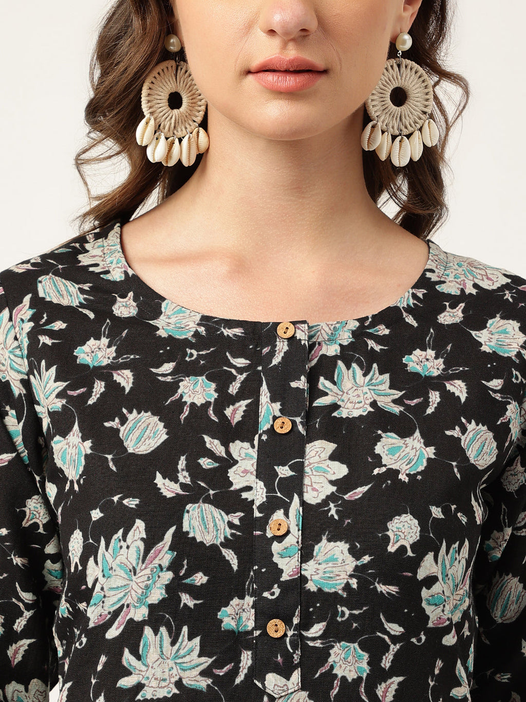 Noe Velarro Black Floral Print Straight Fit Cotton kurta