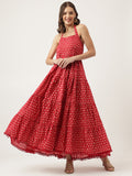 Noe Velarro Red Floral Printed Cotton Halter Neck Ethnic Tiered Dress