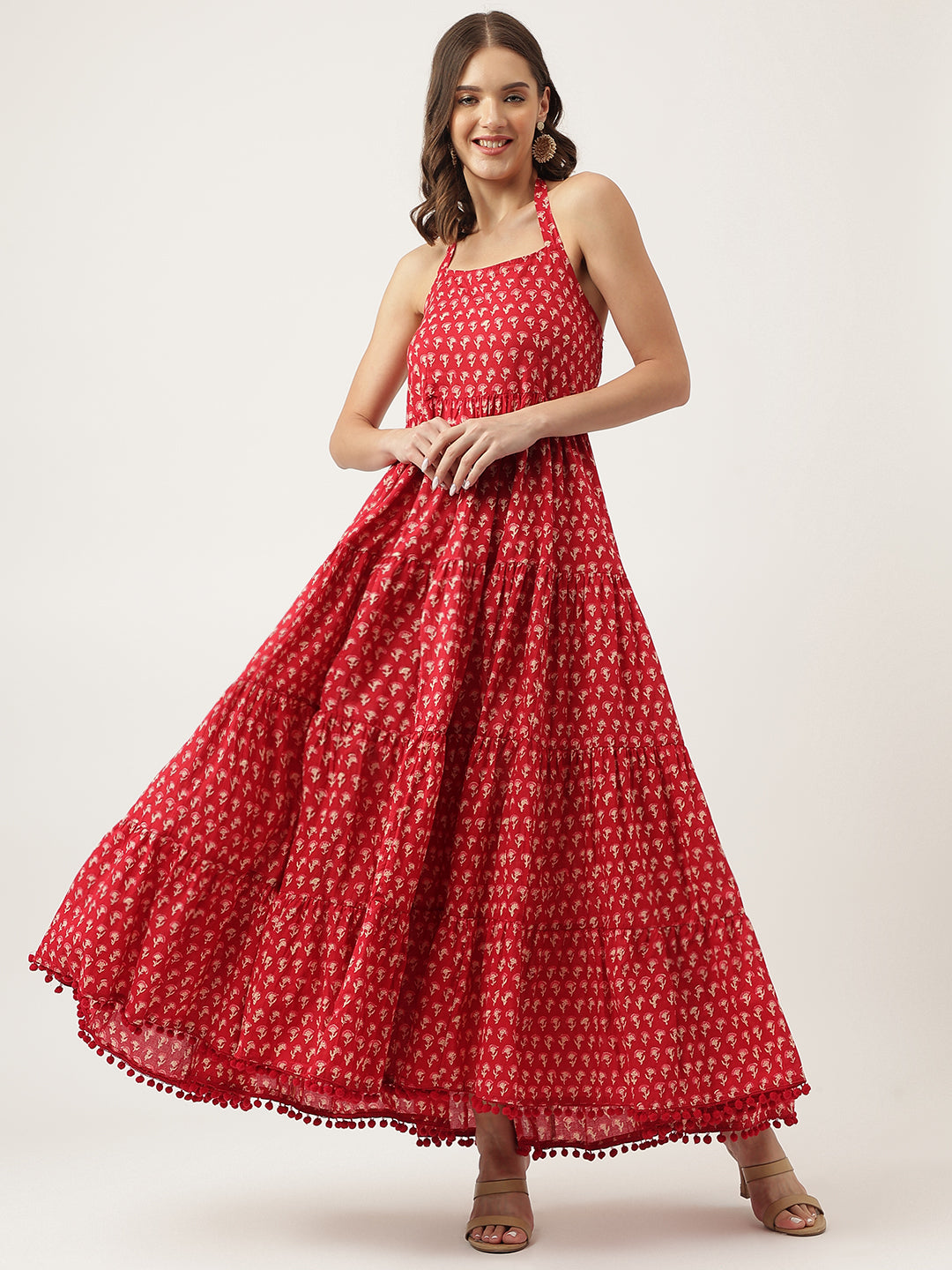 Noe Velarro Red Floral Printed Cotton Halter Neck Ethnic Tiered Dress
