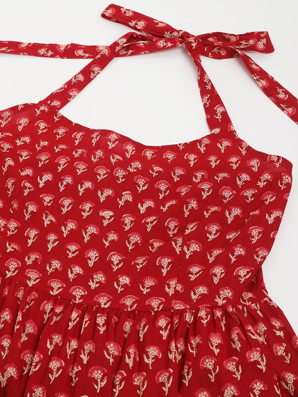 Noe Velarro Red Floral Printed Cotton Halter Neck Ethnic Tiered Dress