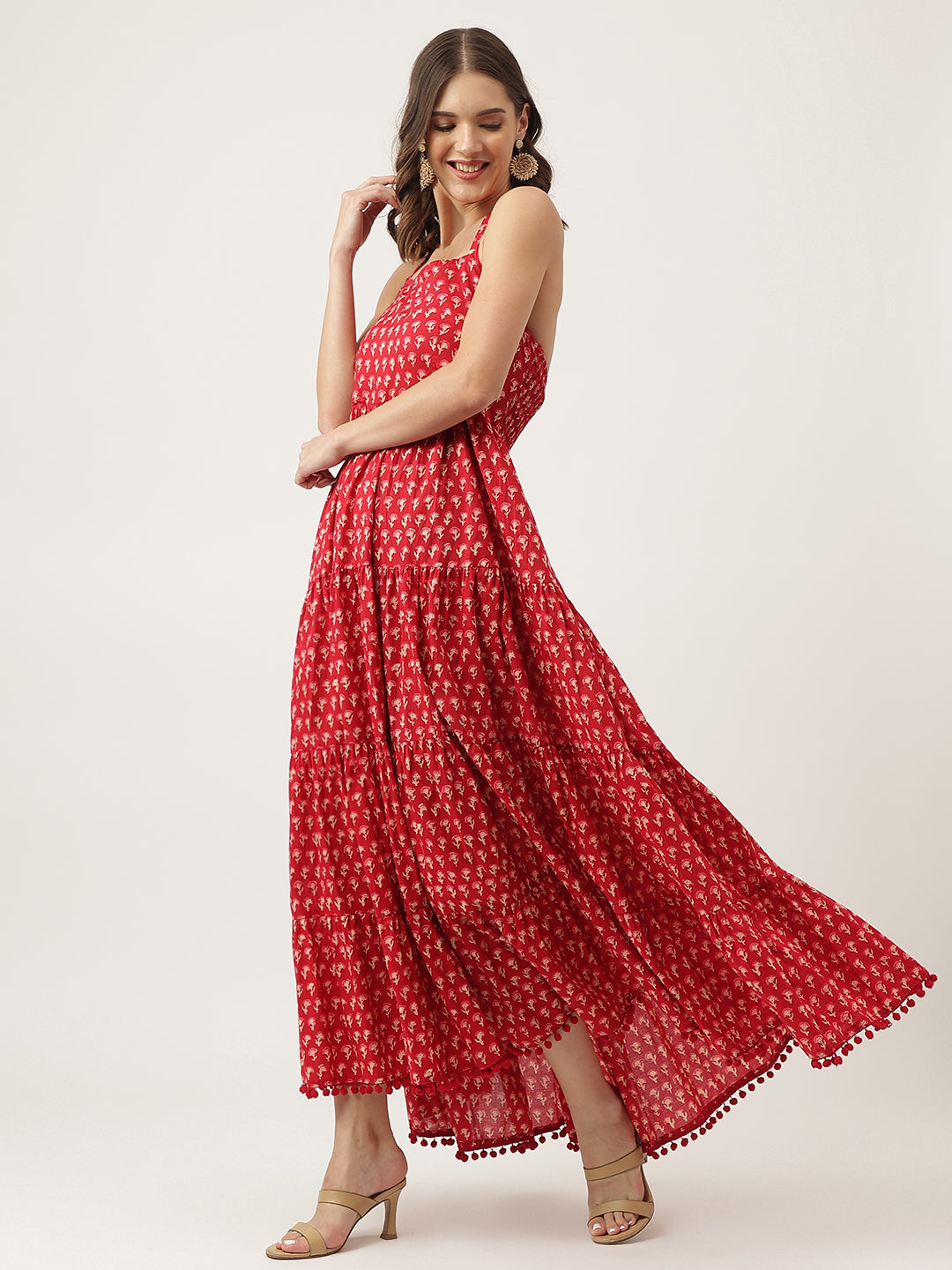 Noe Velarro Red Floral Printed Cotton Halter Neck Ethnic Tiered Dress