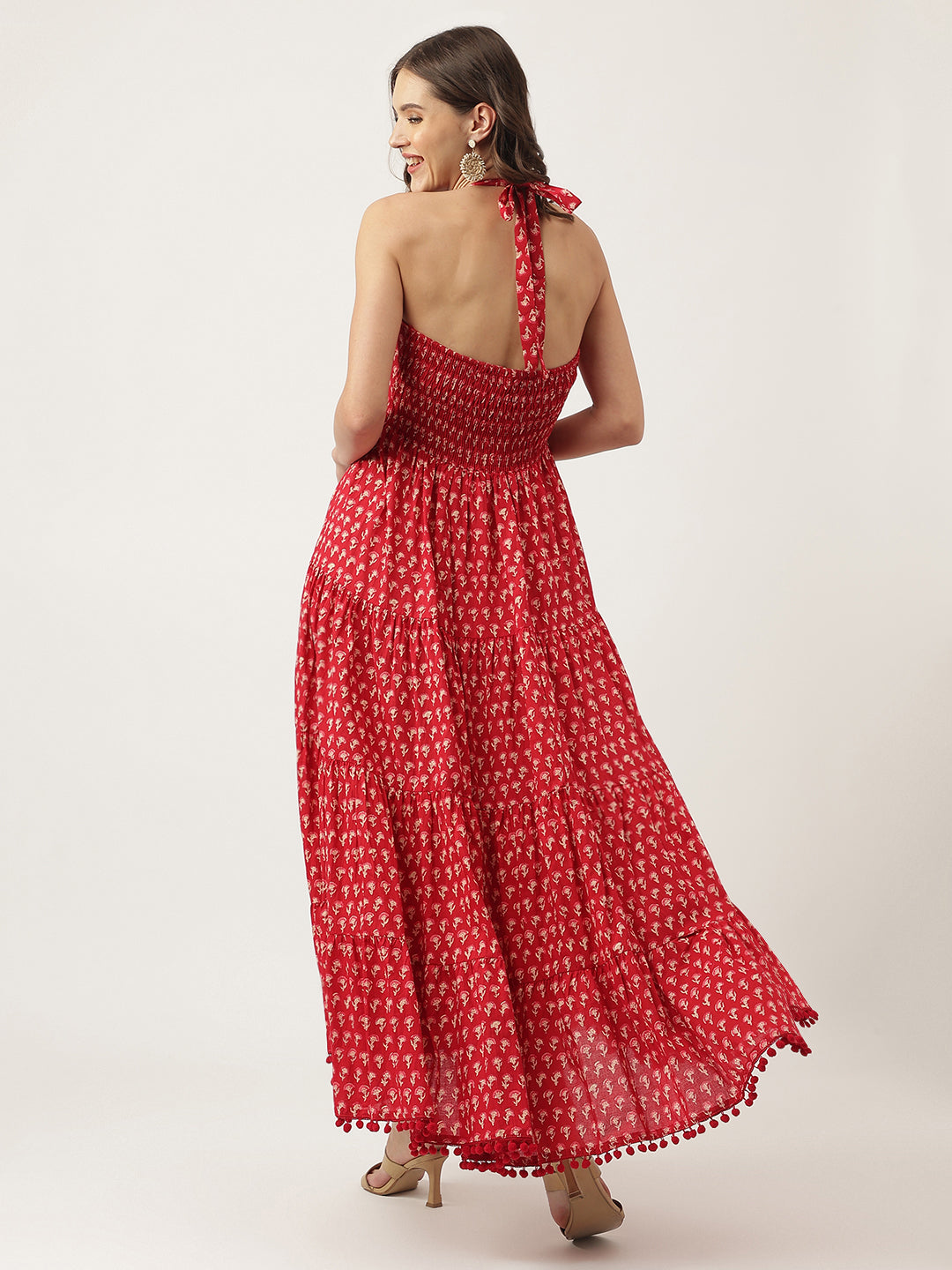 Noe Velarro Red Floral Printed Cotton Halter Neck Ethnic Tiered Dress