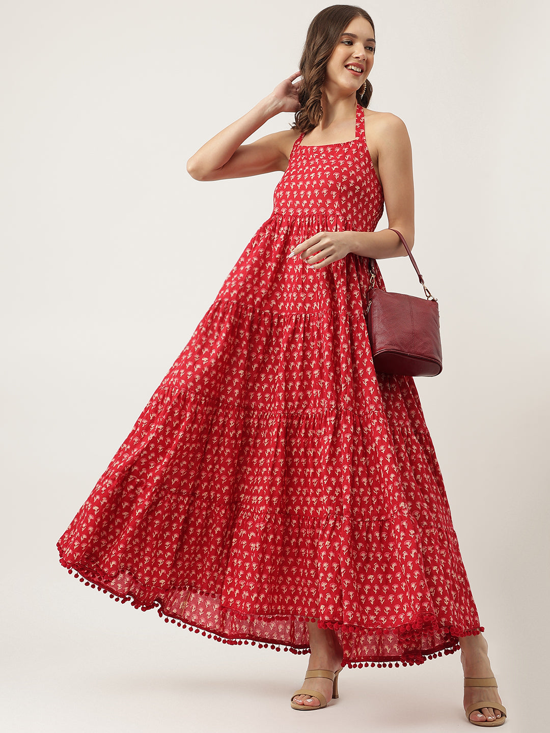 Noe Velarro Red Floral Printed Cotton Halter Neck Ethnic Tiered Dress