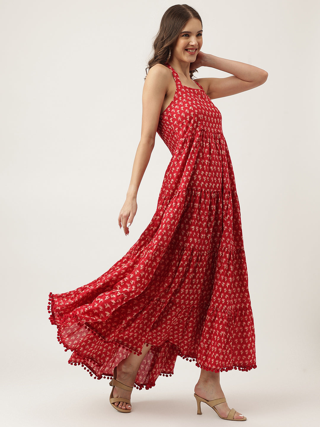 Noe Velarro Red Floral Printed Cotton Halter Neck Ethnic Tiered Dress