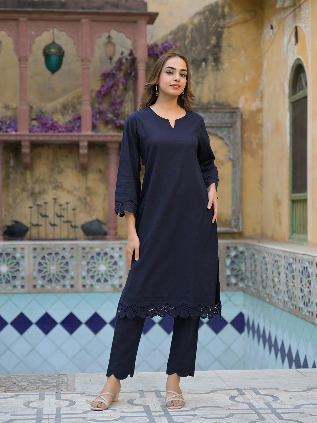Noe Velarro Navy Blue Cotton Straight Fit Lace Border Kurta with Trouser