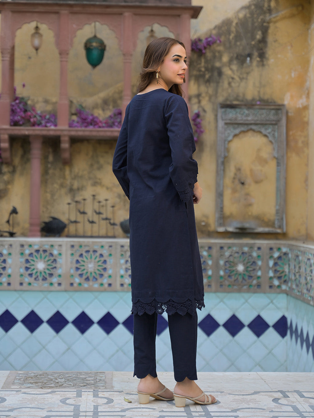 Noe Velarro Navy Blue Cotton Straight Fit Lace Border Kurta with Trouser