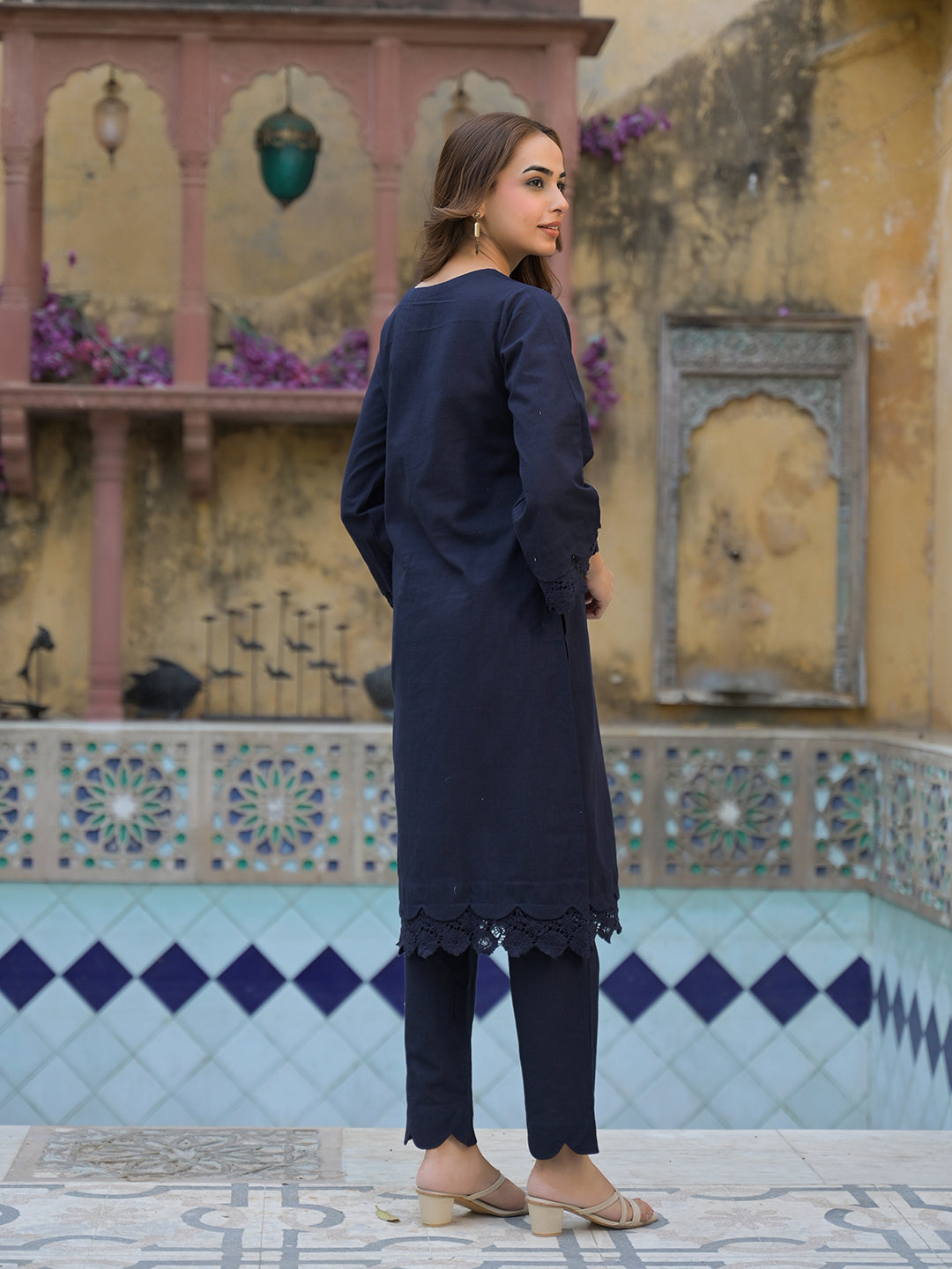 Noe Velarro Navy Blue Cotton Straight Fit Lace Border Kurta with Trouser