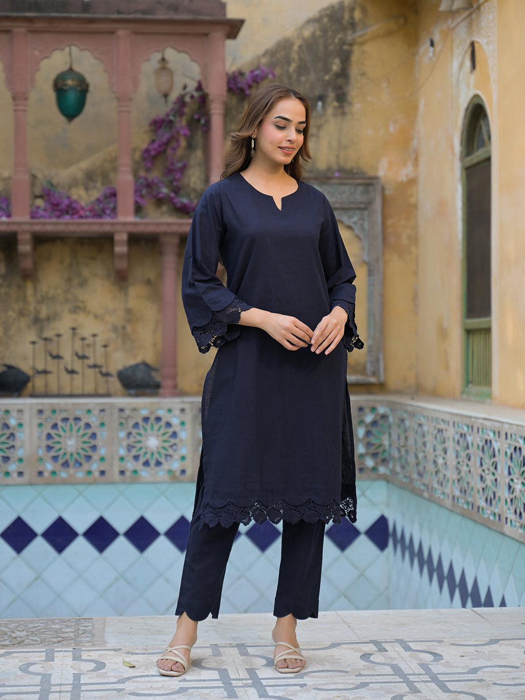 Noe Velarro Navy Blue Cotton Straight Fit Lace Border Kurta with Trouser
