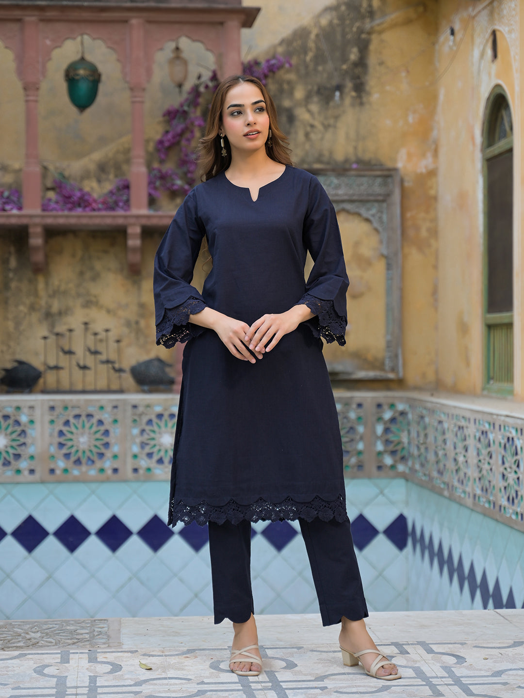Noe Velarro Navy Blue Cotton Straight Fit Lace Border Kurta with Trouser