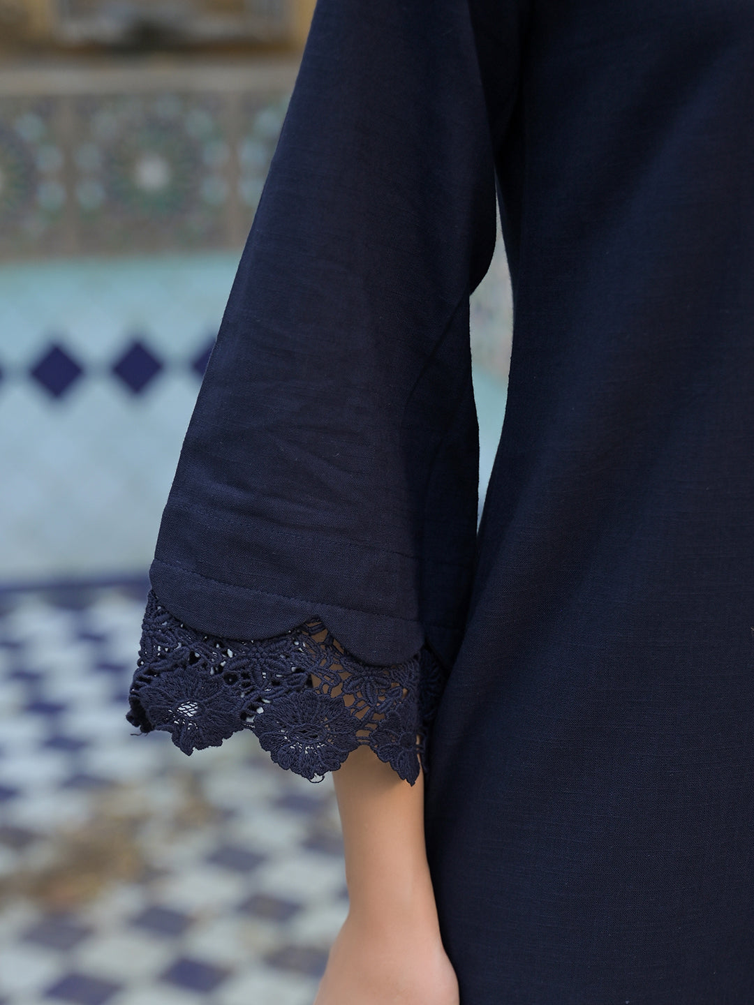 Noe Velarro Navy Blue Cotton Straight Fit Lace Border Kurta with Trouser