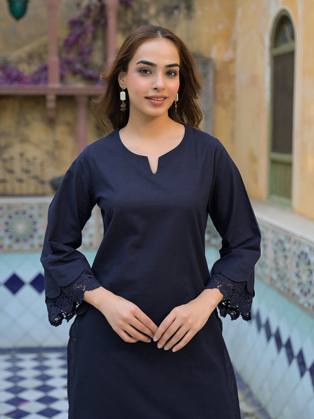 Noe Velarro Navy Blue Cotton Straight Fit Lace Border Kurta with Trouser