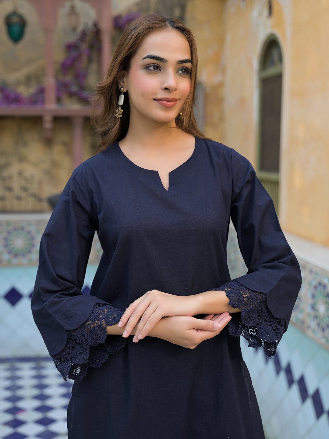 Noe Velarro Navy Blue Cotton Straight Fit Lace Border Kurta with Trouser
