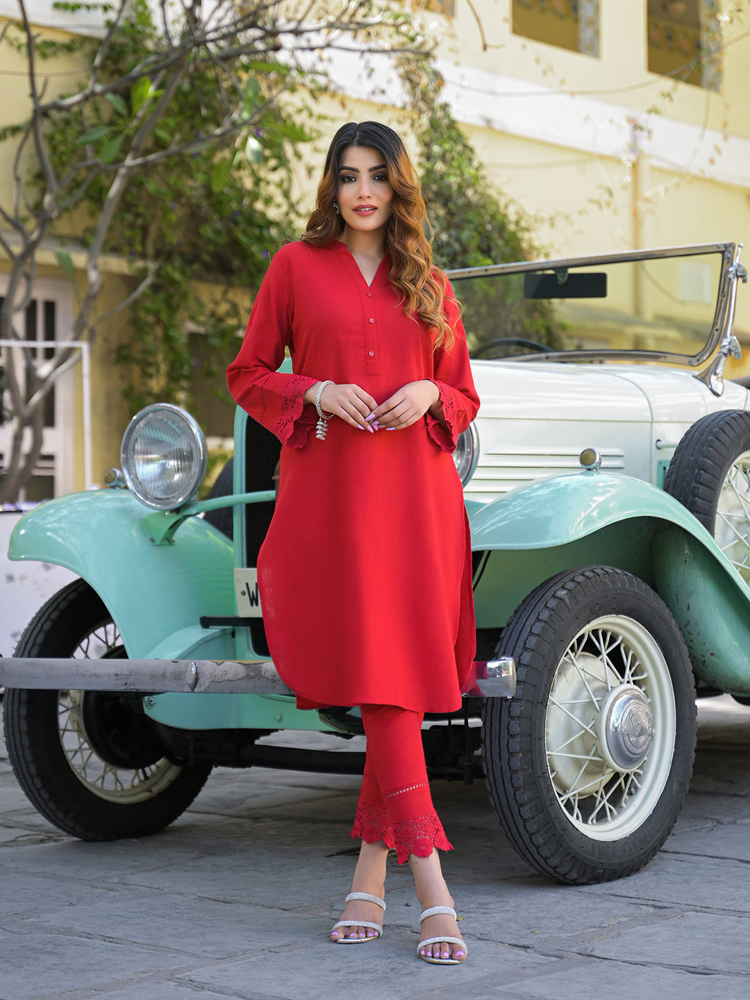Noe Velarro Red Solid Print Cotton Fabric  Shirt Kurta with Trouser