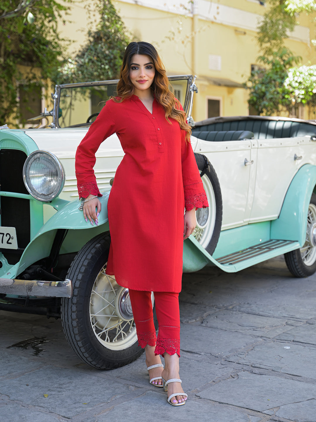 Noe Velarro Red Solid Print Cotton Fabric  Shirt Kurta with Trouser