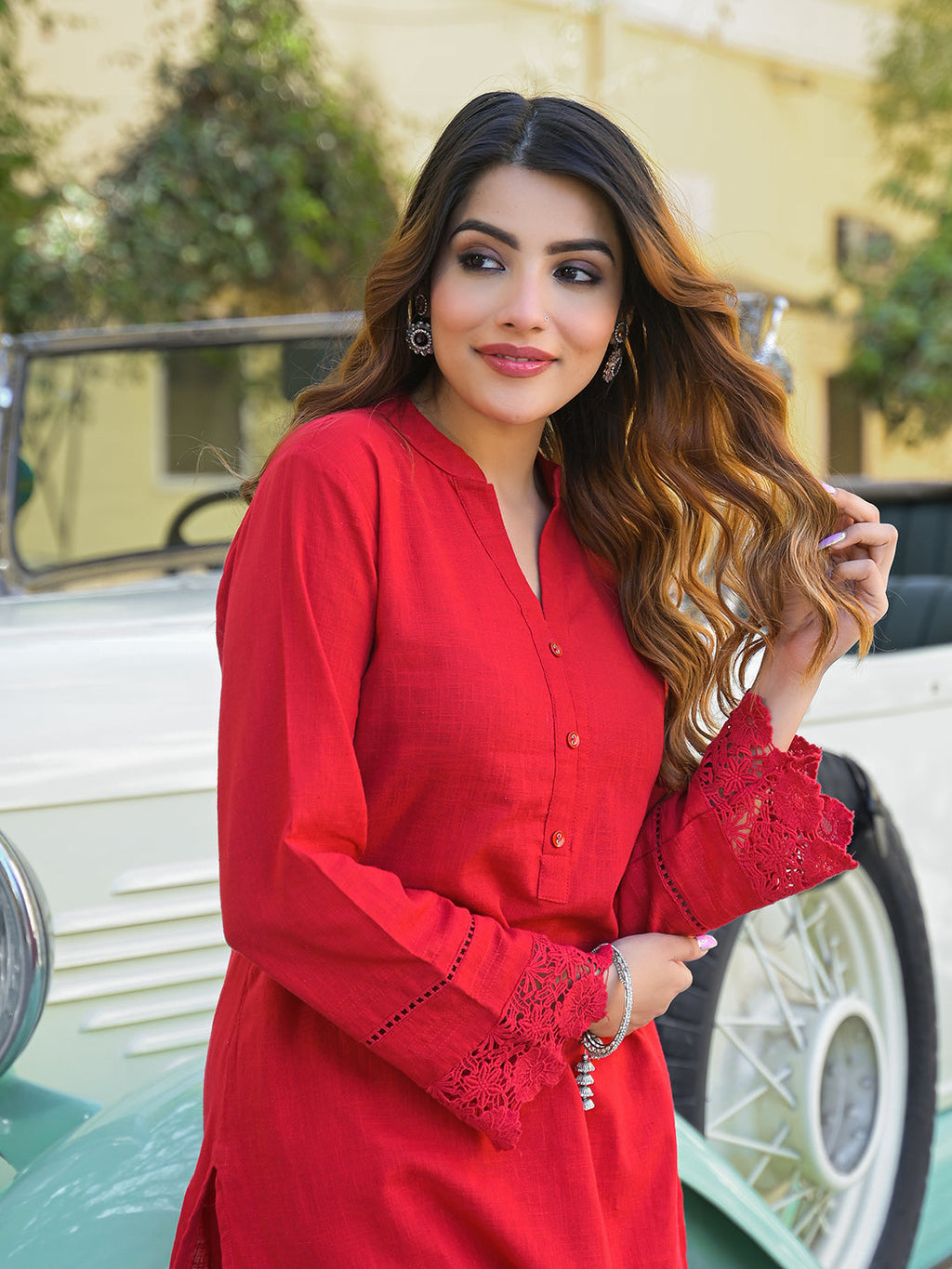 Noe Velarro Red Solid Print Cotton Fabric  Shirt Kurta with Trouser