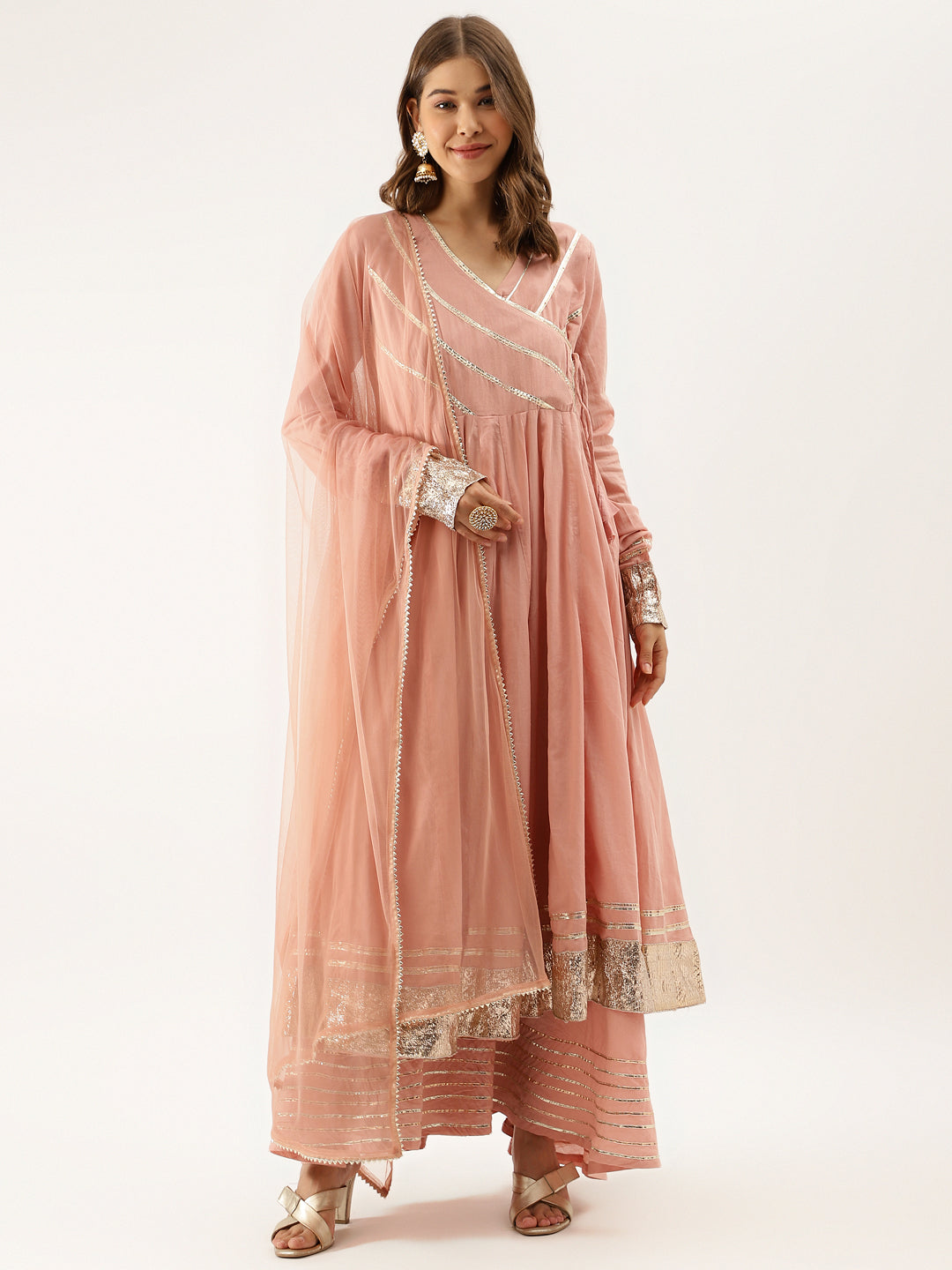 Noe Velarro Peach Solid Cotton Gota Work Kurta set with Dupatta