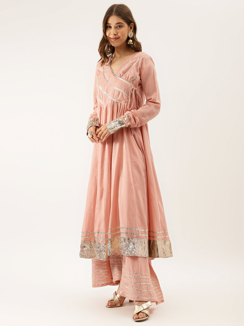Noe Velarro Peach Solid Cotton Gota Work Kurta set with Dupatta