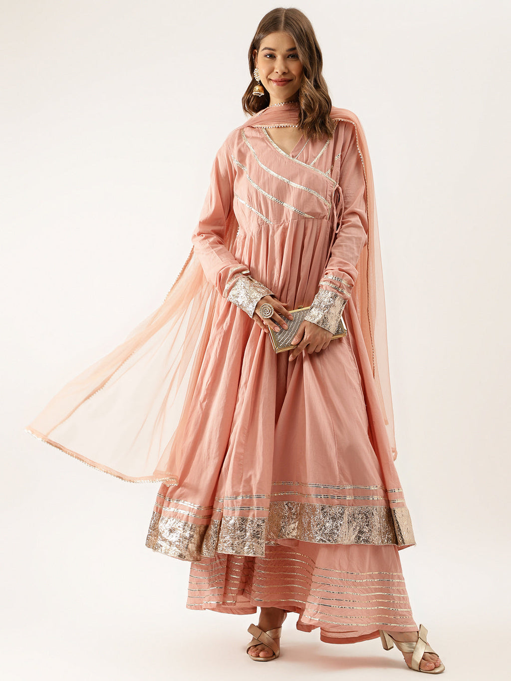 Noe Velarro Peach Solid Cotton Gota Work Kurta set with Dupatta