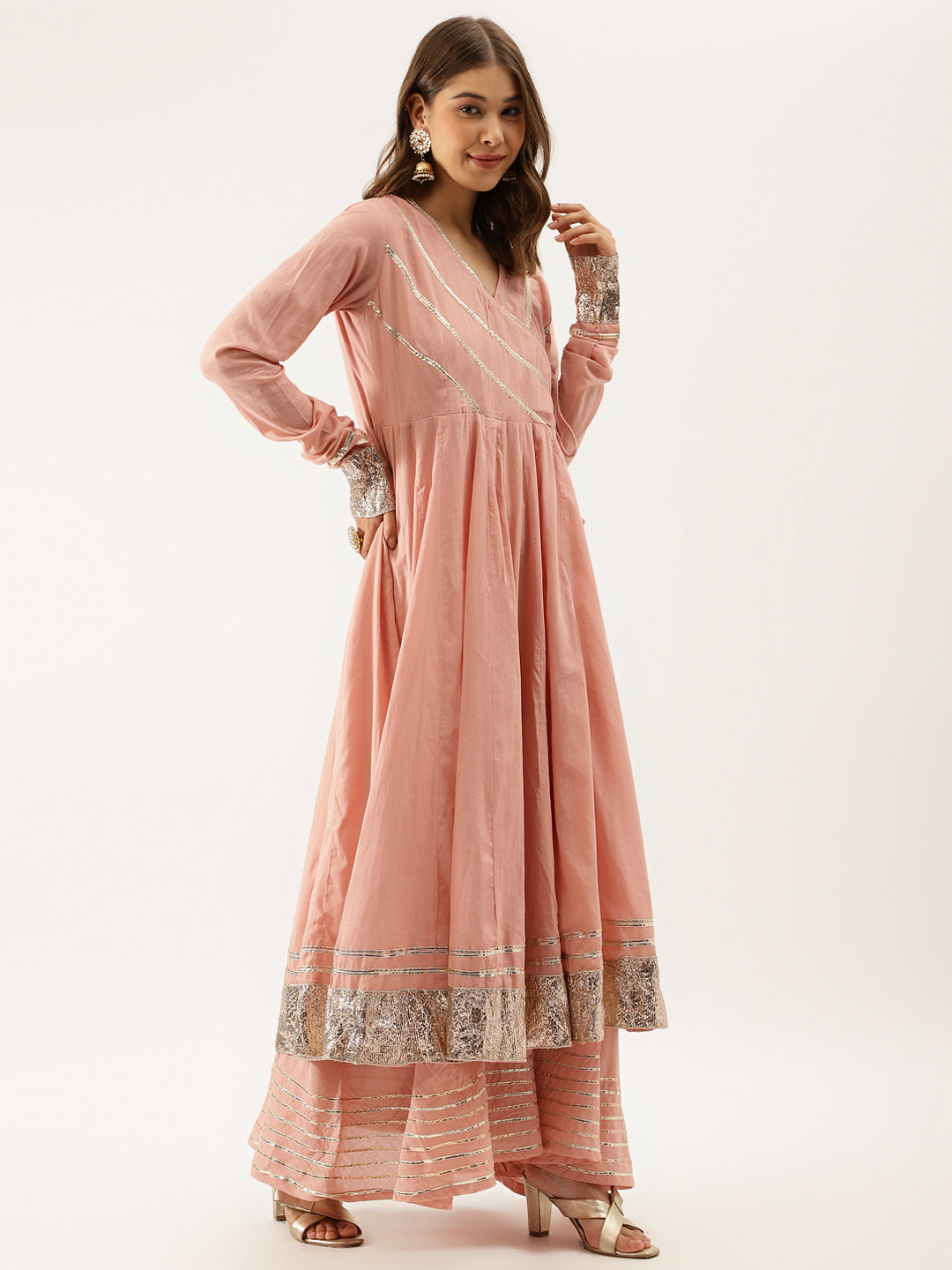 Noe Velarro Peach Solid Cotton Gota Work Kurta set with Dupatta