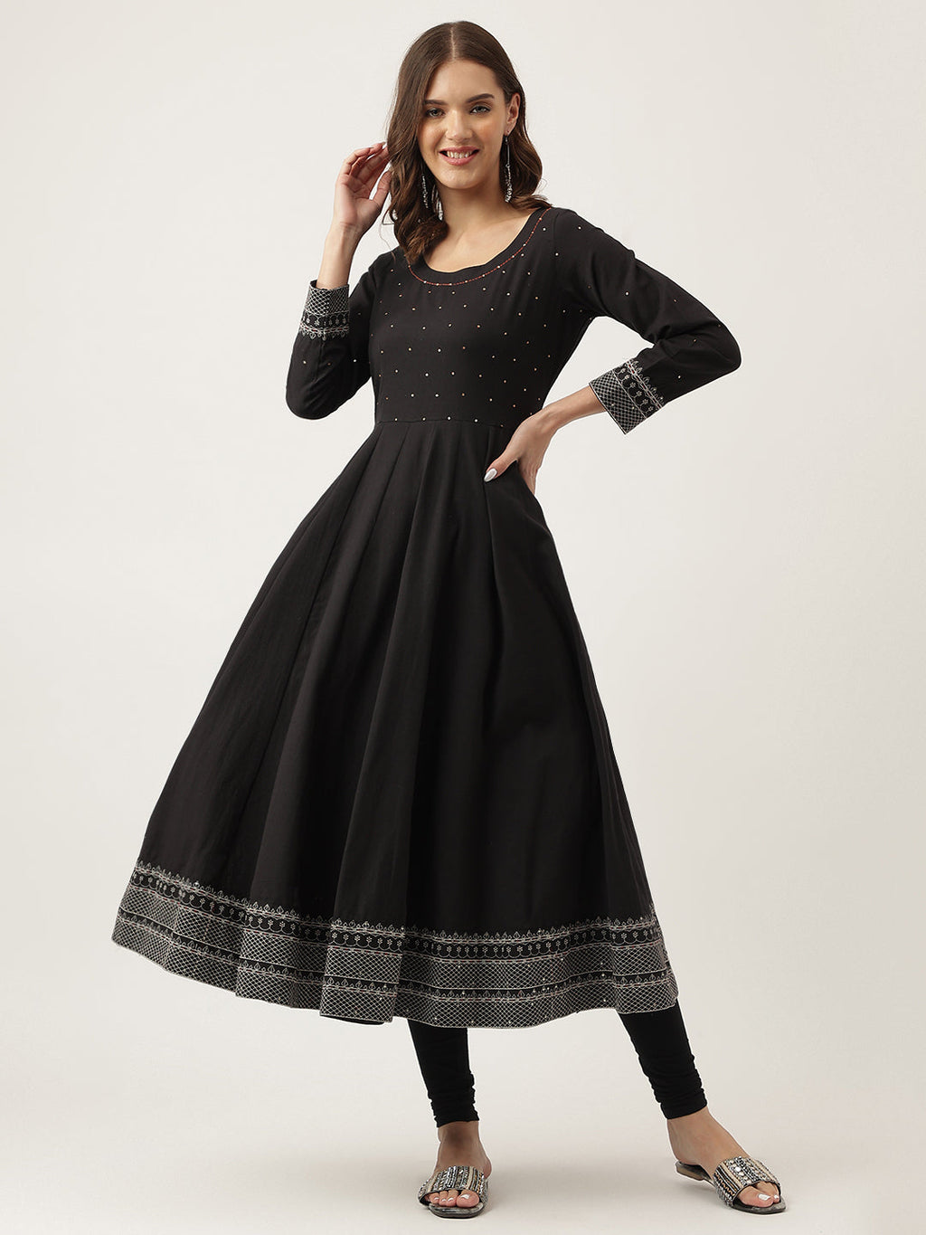 Noe Velarro Black Embroidered Cotton Anarkali Kurta