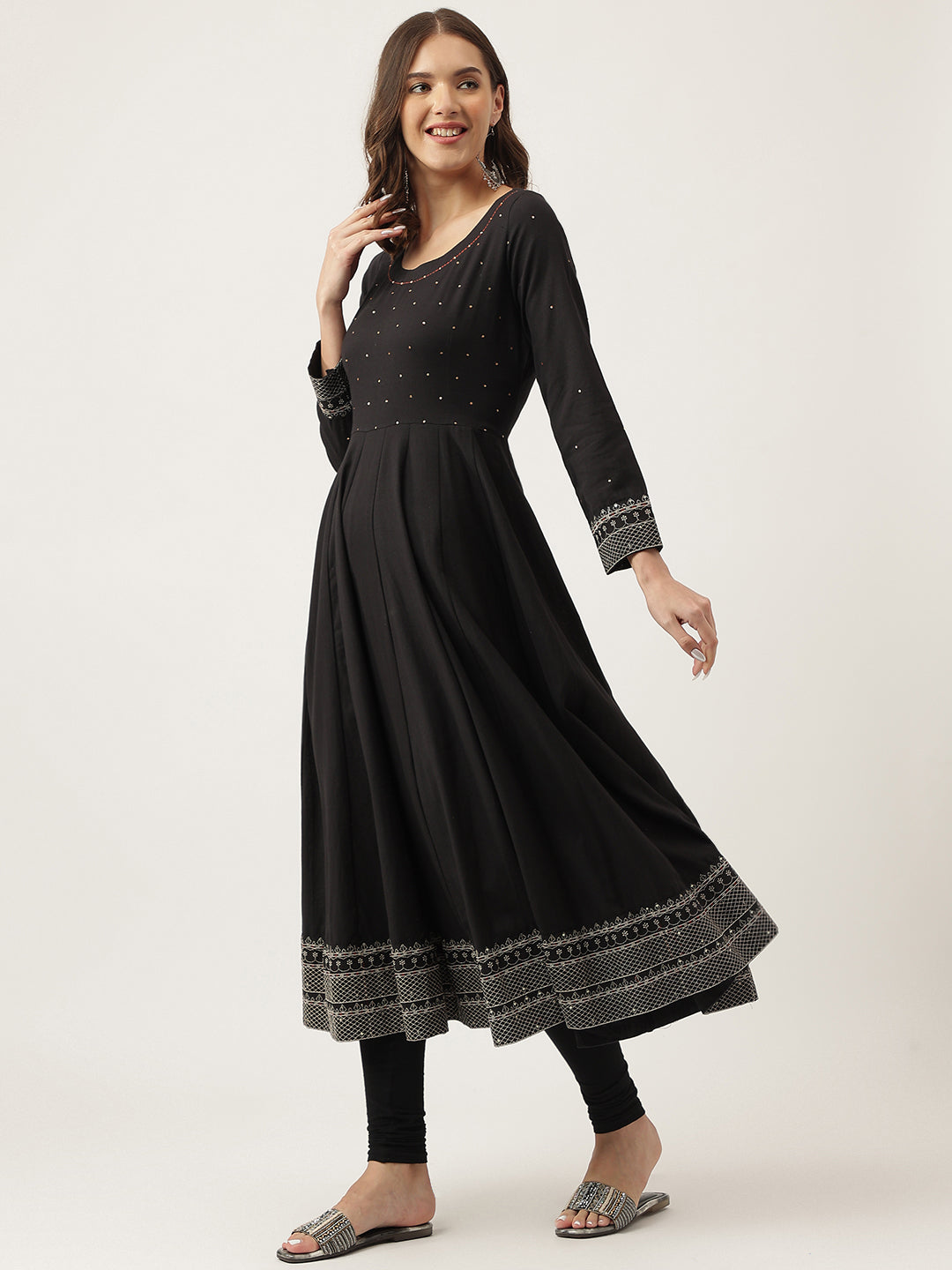 Noe Velarro Black Embroidered Cotton Anarkali Kurta