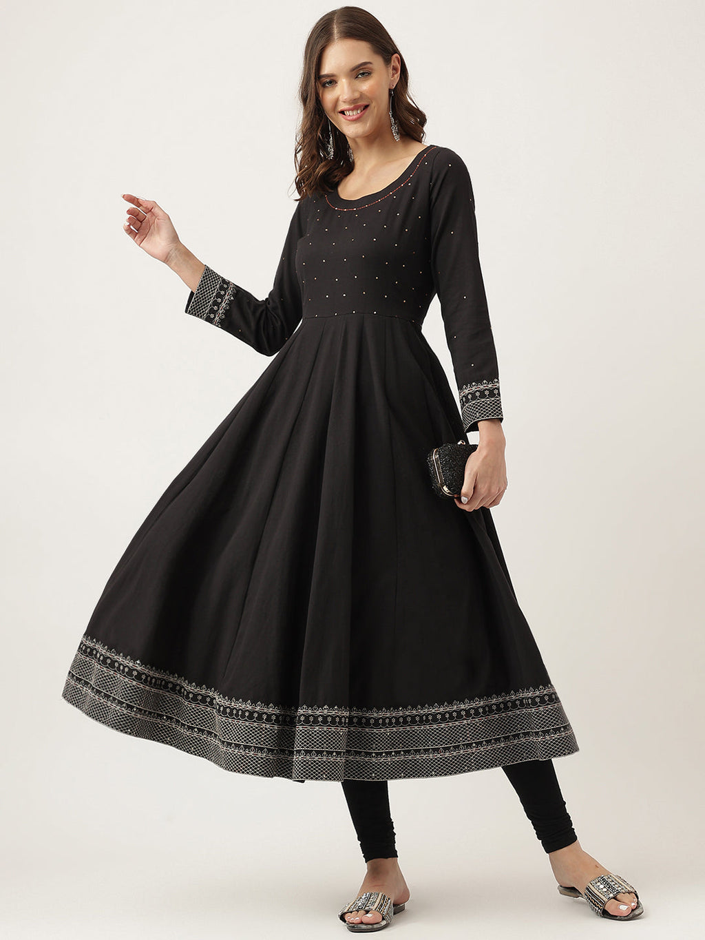 Noe Velarro Black Embroidered Cotton Anarkali Kurta