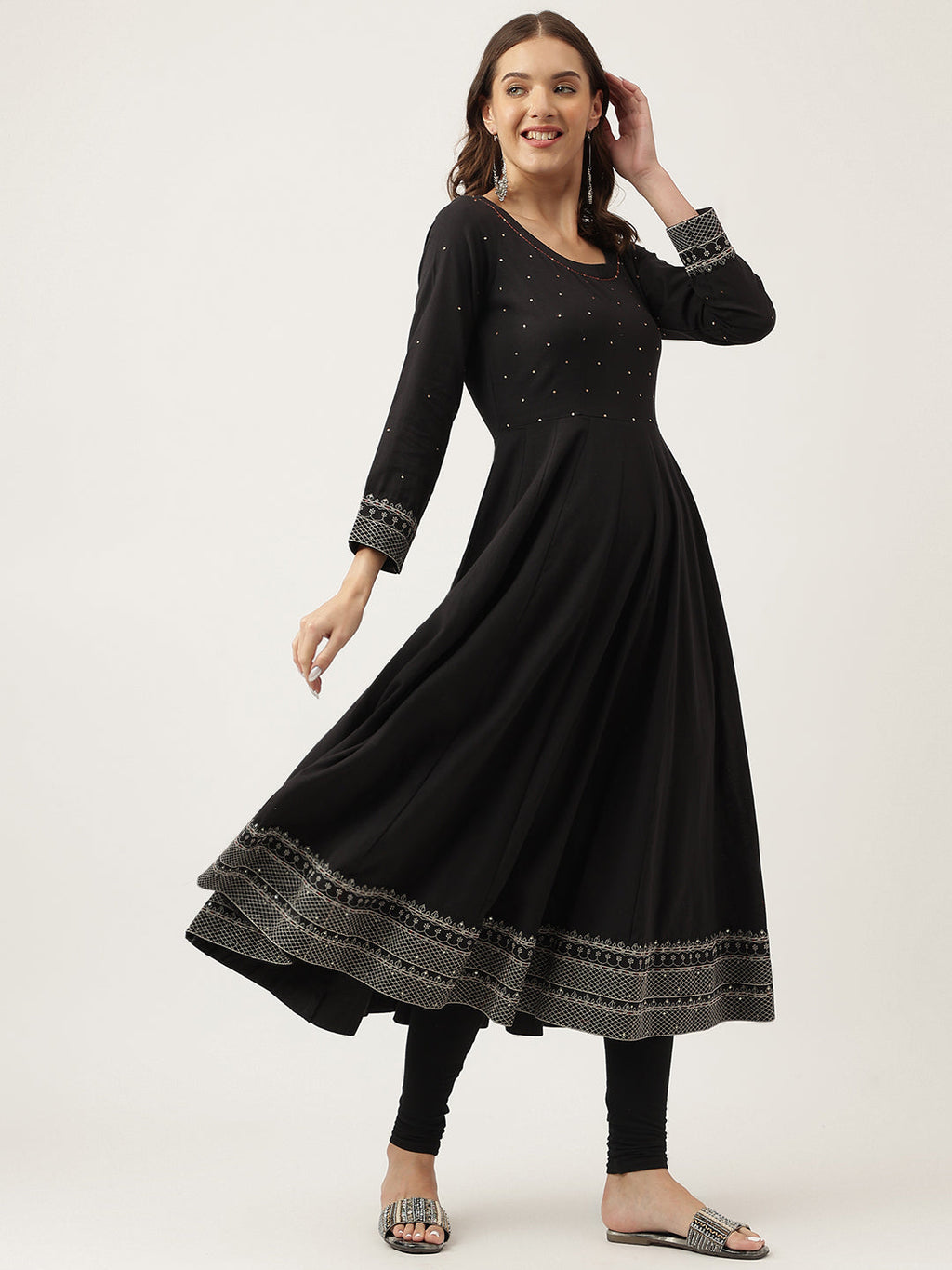 Noe Velarro Black Embroidered Cotton Anarkali Kurta