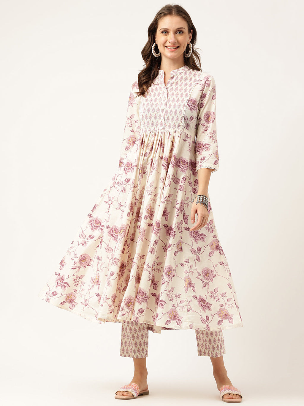 Noe Velarro White Purple Floral Cotton Flared kurta with Pant set