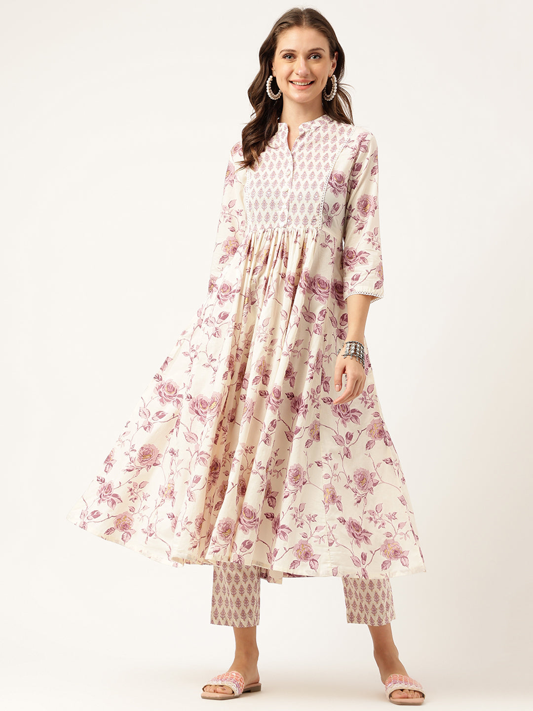 Noe Velarro White Purple Floral Cotton Flared kurta with Pant set