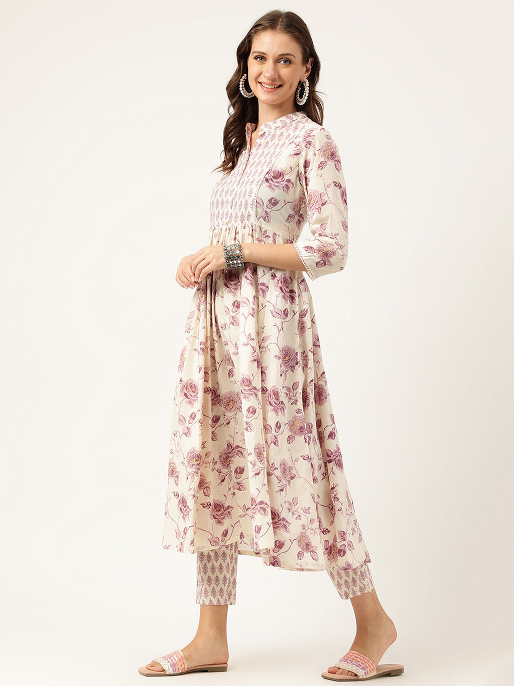 Noe Velarro White Purple Floral Cotton Flared kurta with Pant set