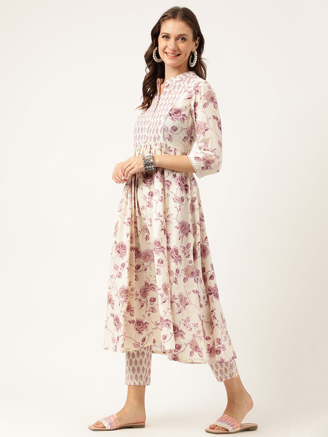 Noe Velarro White Purple Floral Cotton Flared kurta with Pant set