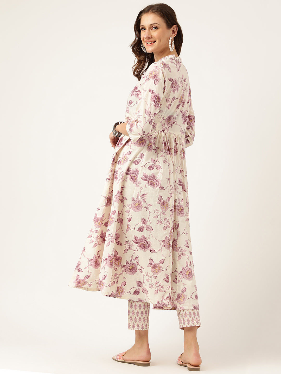 Noe Velarro White Purple Floral Cotton Flared kurta with Pant set