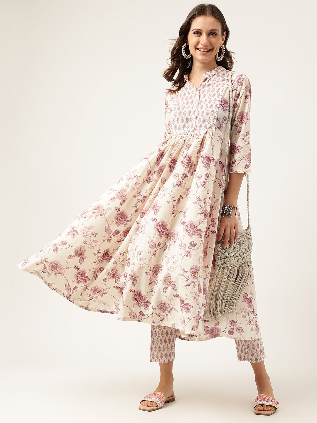 Noe Velarro White Purple Floral Cotton Flared kurta with Pant set