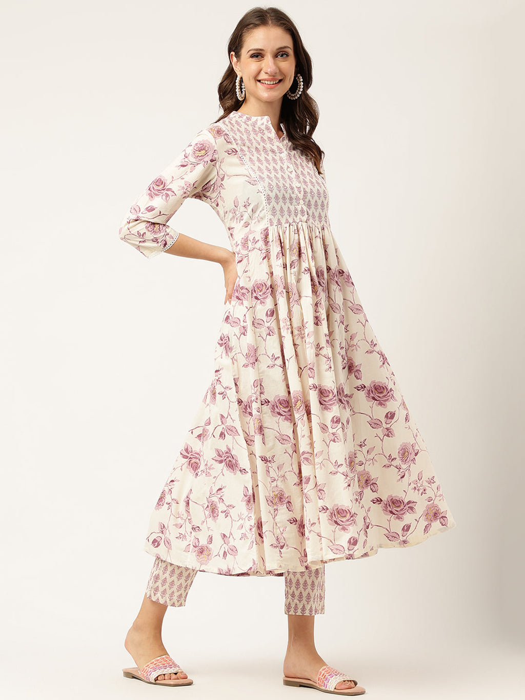 Noe Velarro White Purple Floral Cotton Flared kurta with Pant set