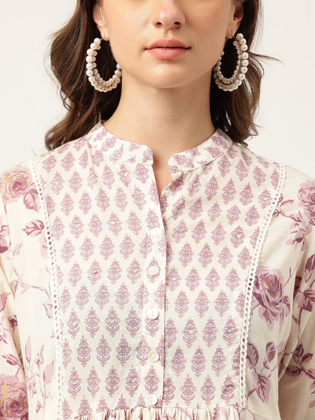 Noe Velarro White Purple Floral Cotton Flared kurta with Pant set