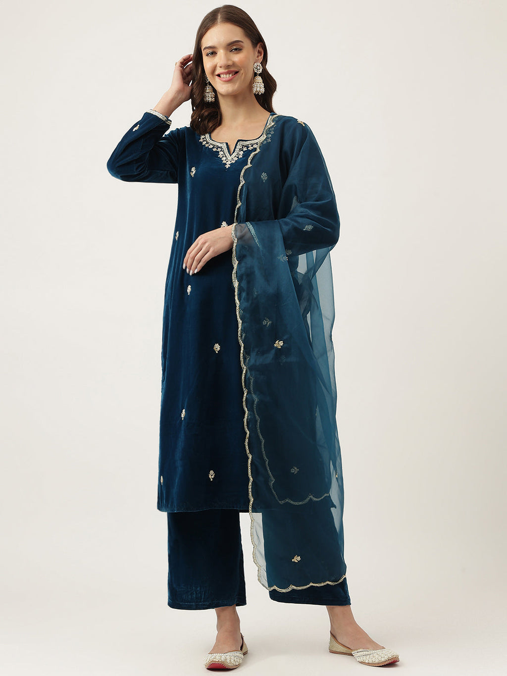Noe Velarro Rayol Blue Hand Embroidered Velvet Straight Kurta, trousers with Dupatta Set