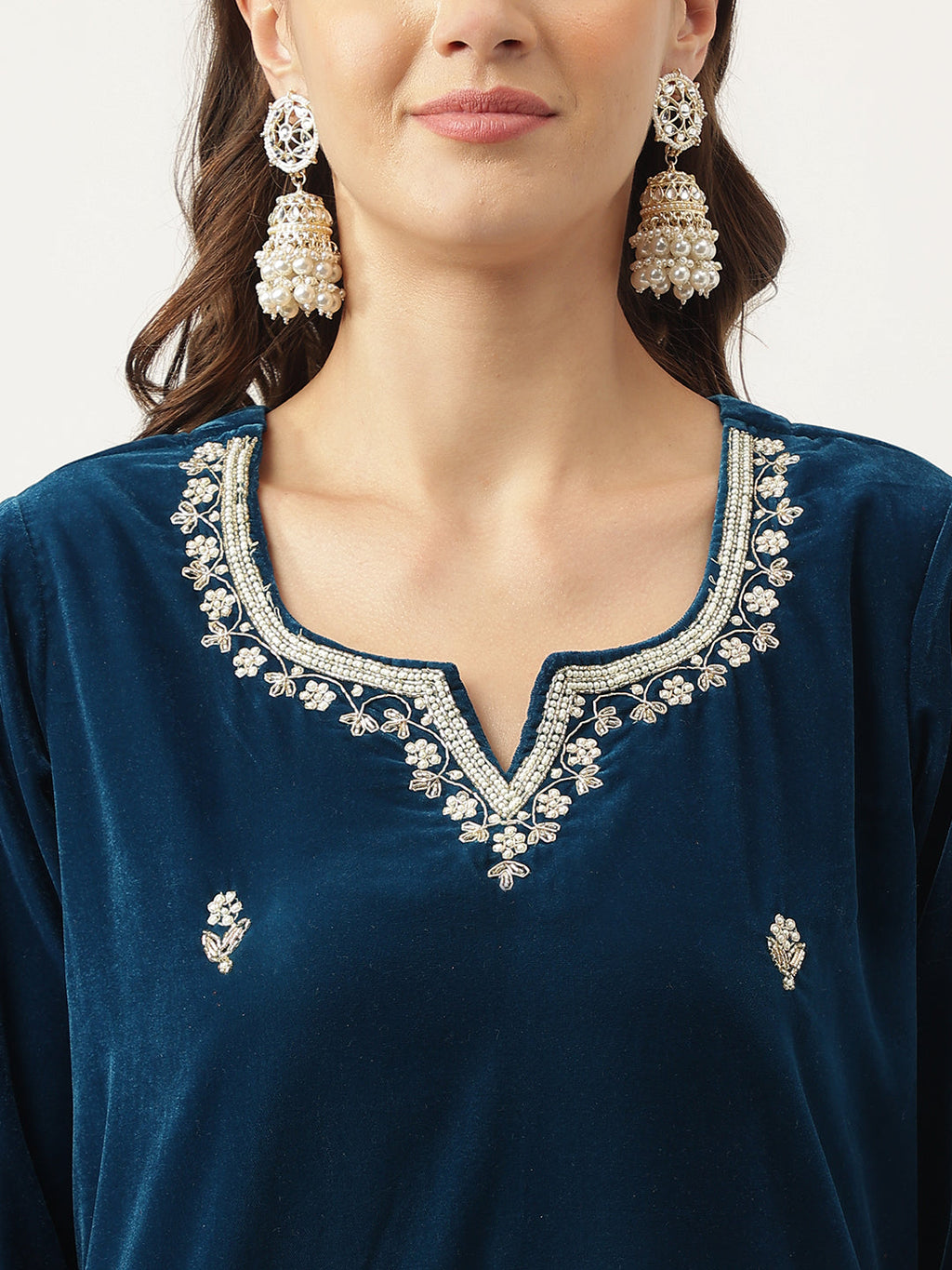 Noe Velarro Rayol Blue Hand Embroidered Velvet Straight Kurta, trousers with Dupatta Set