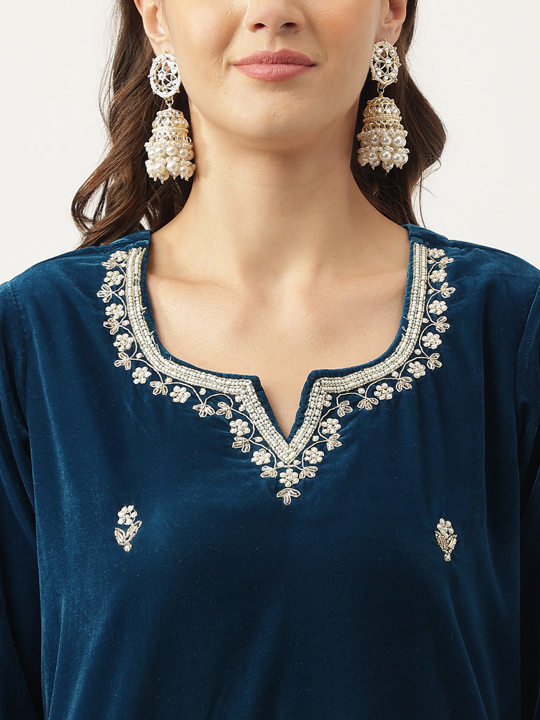 Noe Velarro Rayol Blue Hand Embroidered Velvet Straight Kurta, trousers with Dupatta Set