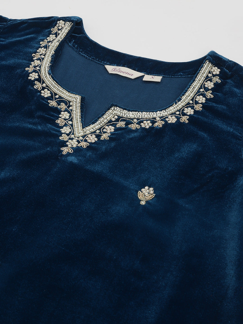 Noe Velarro Rayol Blue Hand Embroidered Velvet Straight Kurta, trousers with Dupatta Set