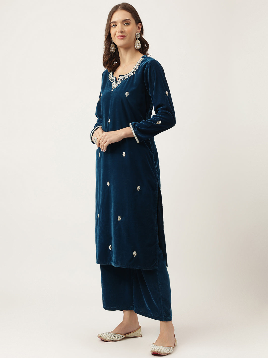 Noe Velarro Rayol Blue Hand Embroidered Velvet Straight Kurta, trousers with Dupatta Set
