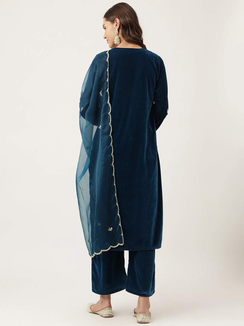 Noe Velarro Rayol Blue Hand Embroidered Velvet Straight Kurta, trousers with Dupatta Set