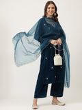 Noe Velarro Rayol Blue Hand Embroidered Velvet Straight Kurta, trousers with Dupatta Set