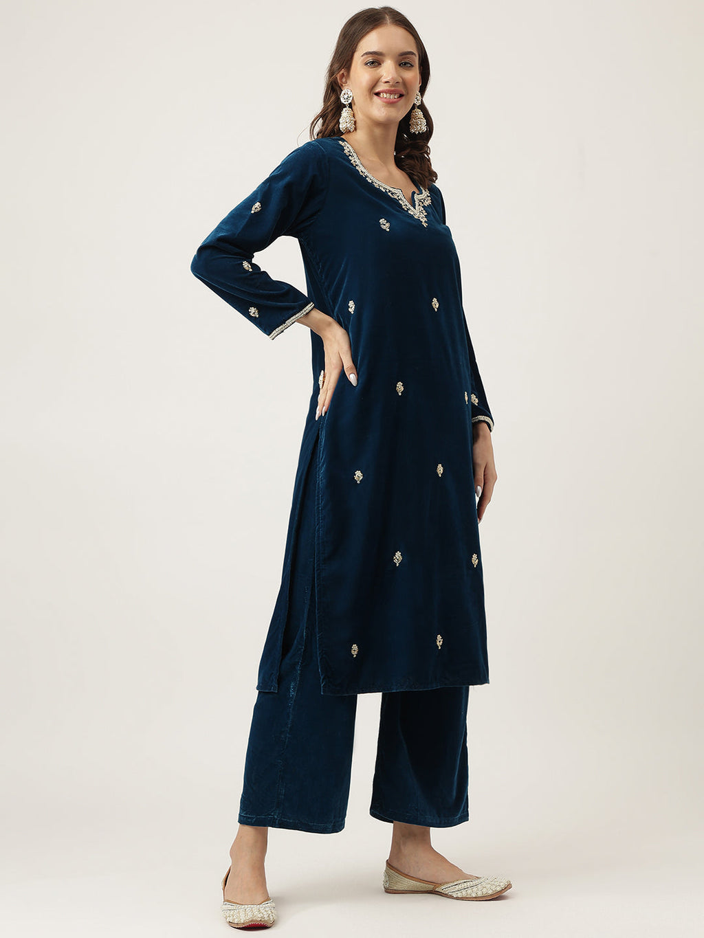 Noe Velarro Rayol Blue Hand Embroidered Velvet Straight Kurta, trousers with Dupatta Set