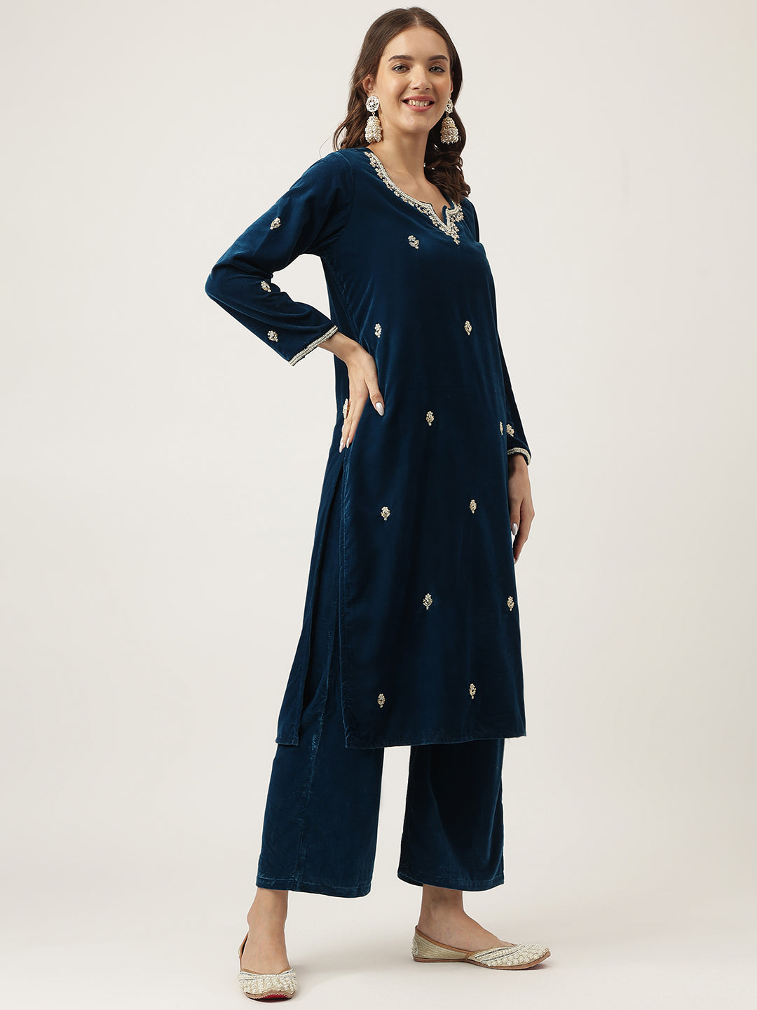 Noe Velarro Rayol Blue Hand Embroidered Velvet Straight Kurta, trousers with Dupatta Set