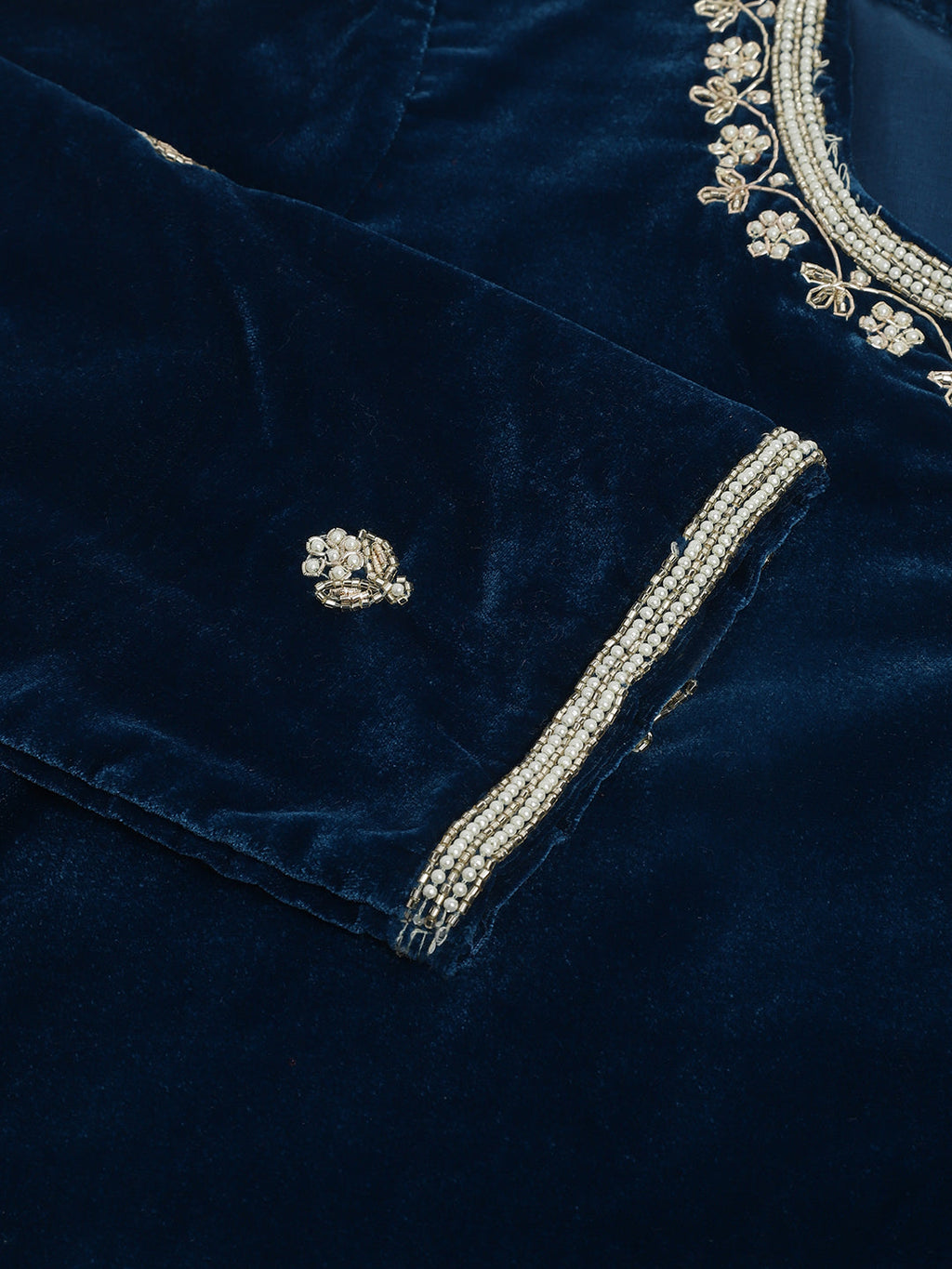 Noe Velarro Rayol Blue Hand Embroidered Velvet Straight Kurta, trousers with Dupatta Set