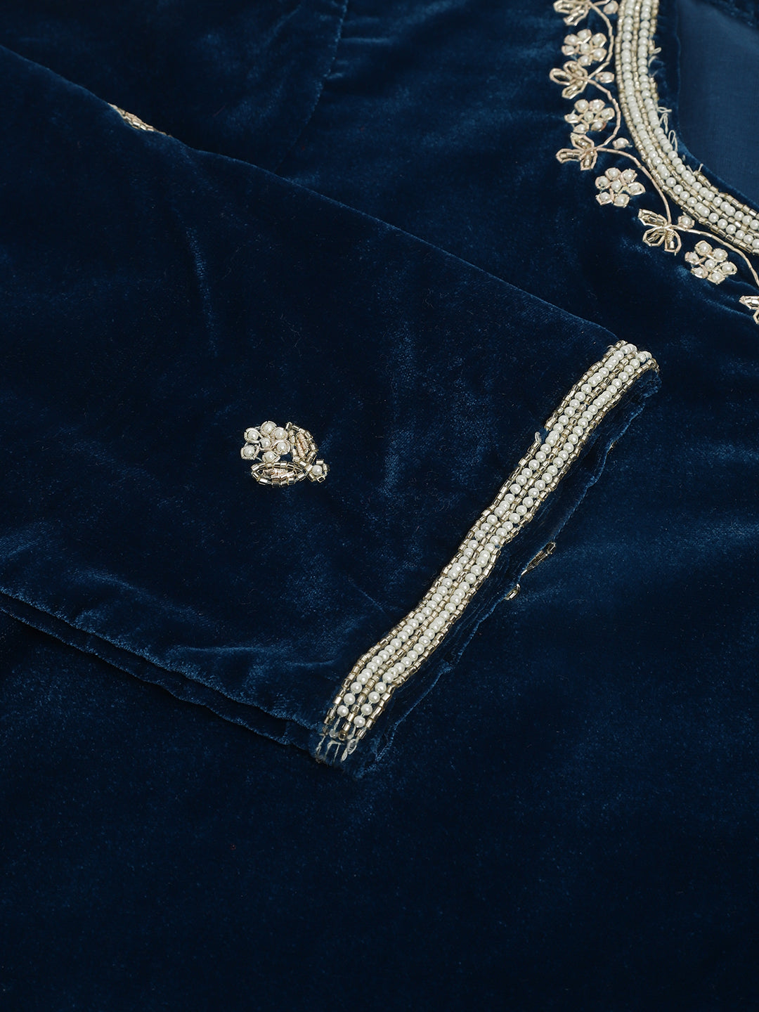 Noe Velarro Rayol Blue Hand Embroidered Velvet Straight Kurta, trousers with Dupatta Set