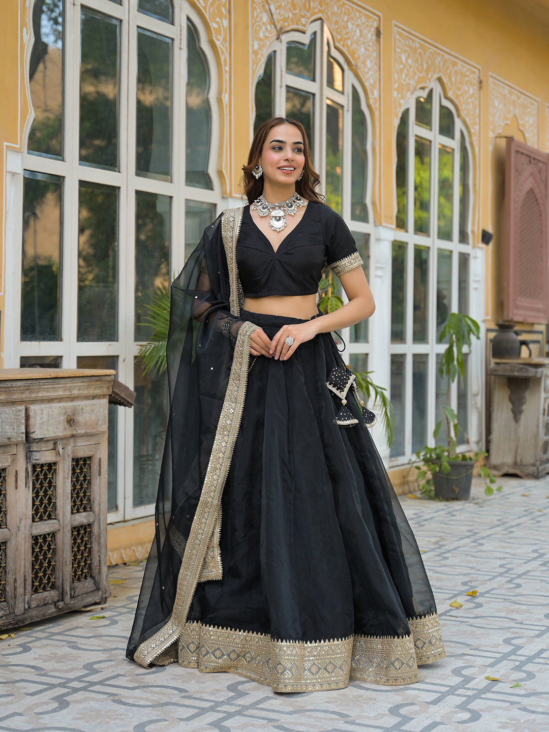 Noe Velarro Black Solid Organza Lehenga with Choli and Dupatta