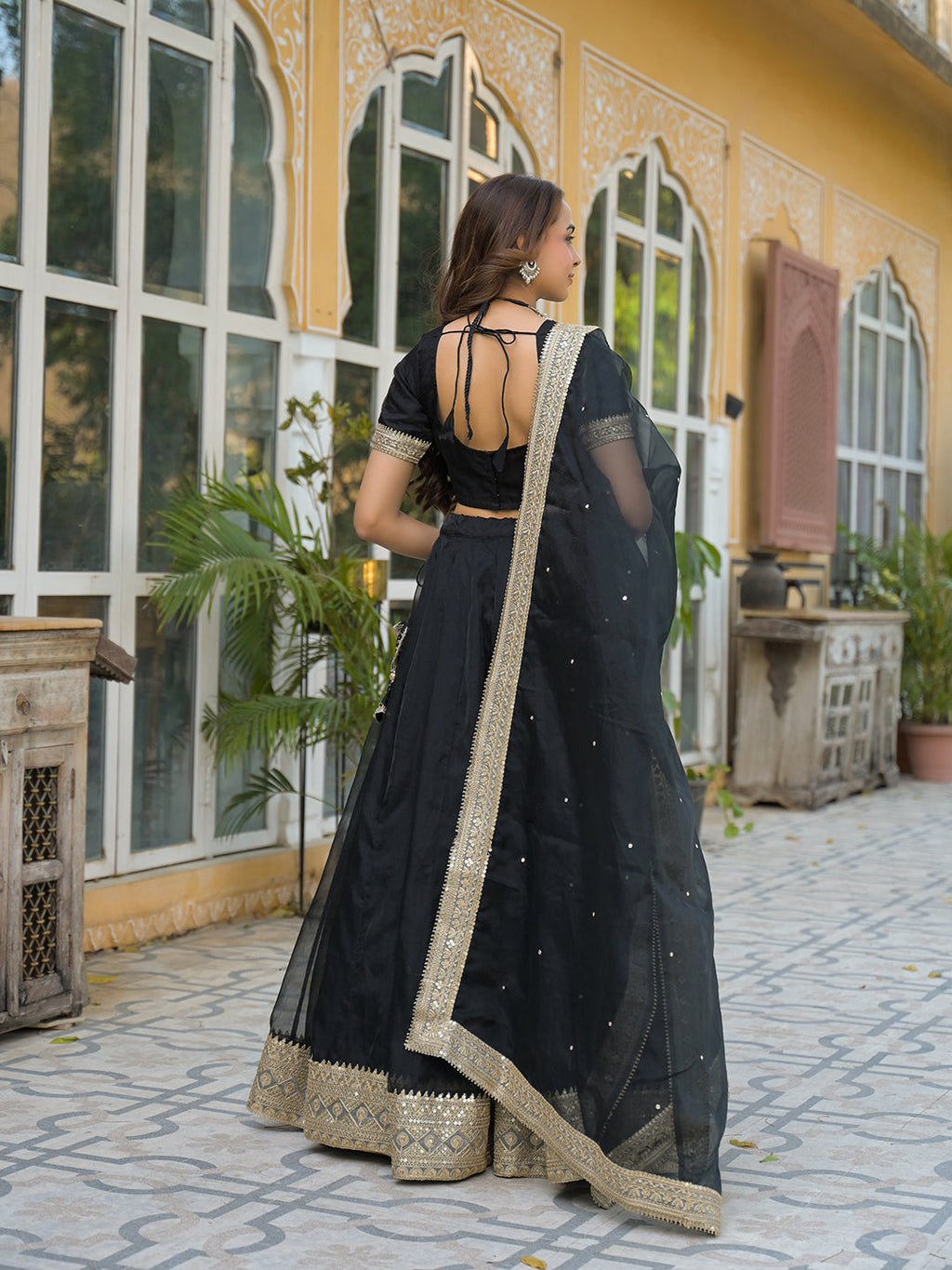 Noe Velarro Black Solid Organza Lehenga with Choli and Dupatta