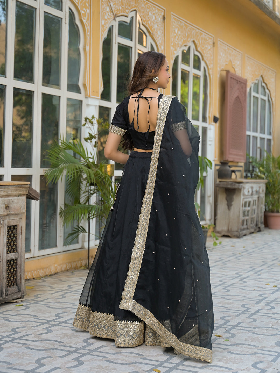 Noe Velarro Black Solid Organza Lehenga with Choli and Dupatta