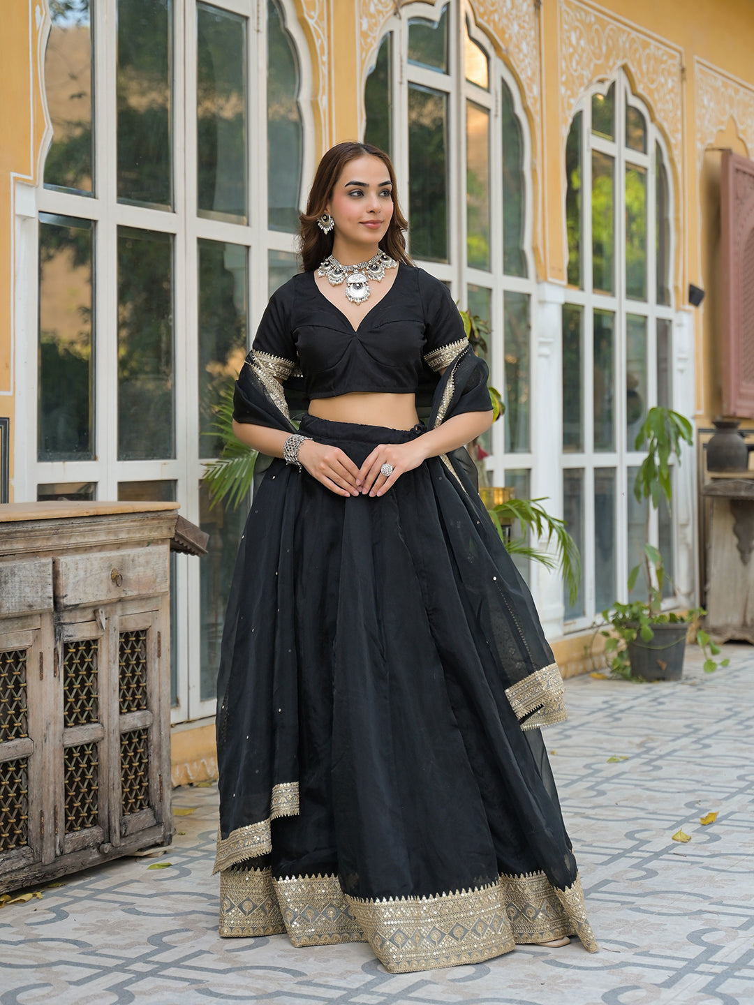 Noe Velarro Black Solid Organza Lehenga with Choli and Dupatta